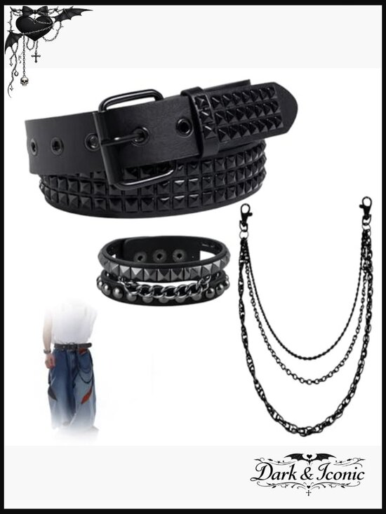 Double Grommet Star Belt with Chains, Punk Goth Accessory